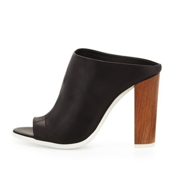 VINCE Leather Allison Open Toe Italian Slides Wooden Heel Black Size 6 - Picture 4 of 14